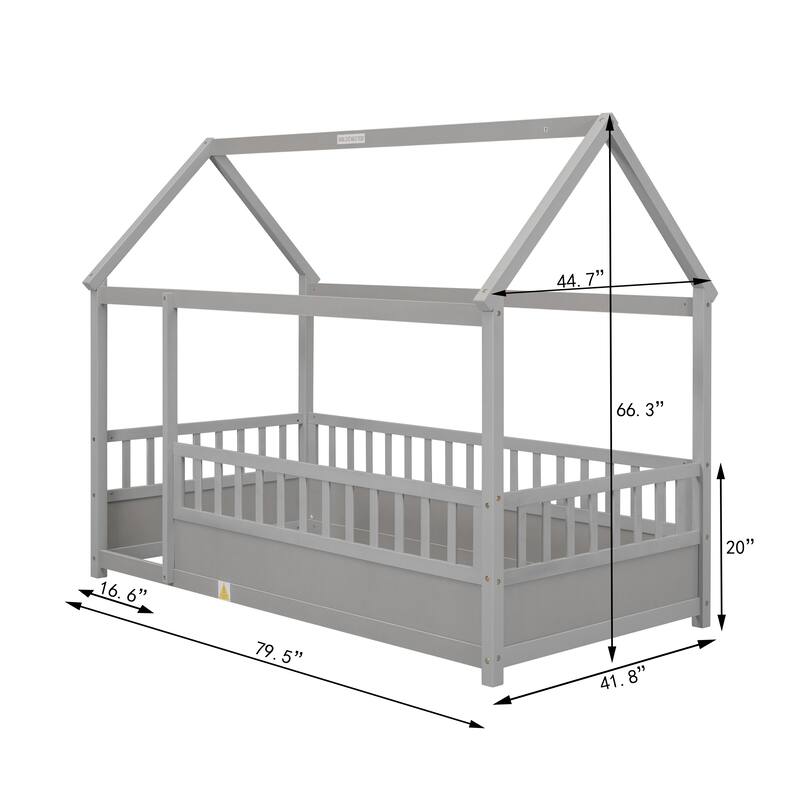Twin/Full Wooden House Frame Floor Bed with Fence Guardrails, Montessori Style Kids Bed, Pine Wood Low Profile Design