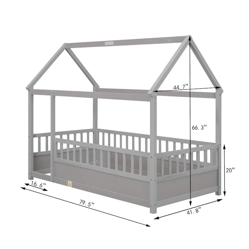 Wooden Floor Bed with Fence Guardrails