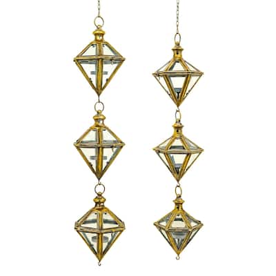 Set of 2 Iron 3-Piece Hanging Lanterns in Frosted Gold - 8.5" L x 7" W x 64" H