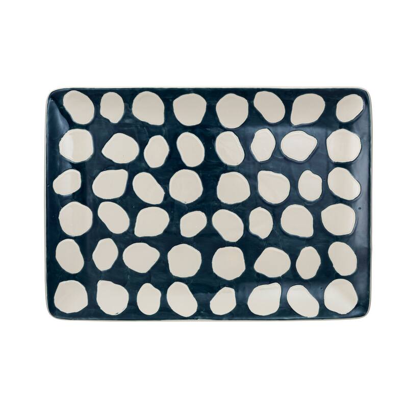 Hand-Painted Stoneware Platter with Wax Relief Dots - 18.0"L x 13.0"W x 1.5"H - 18.0"L x 13.0"W x 1.5"H - Blue