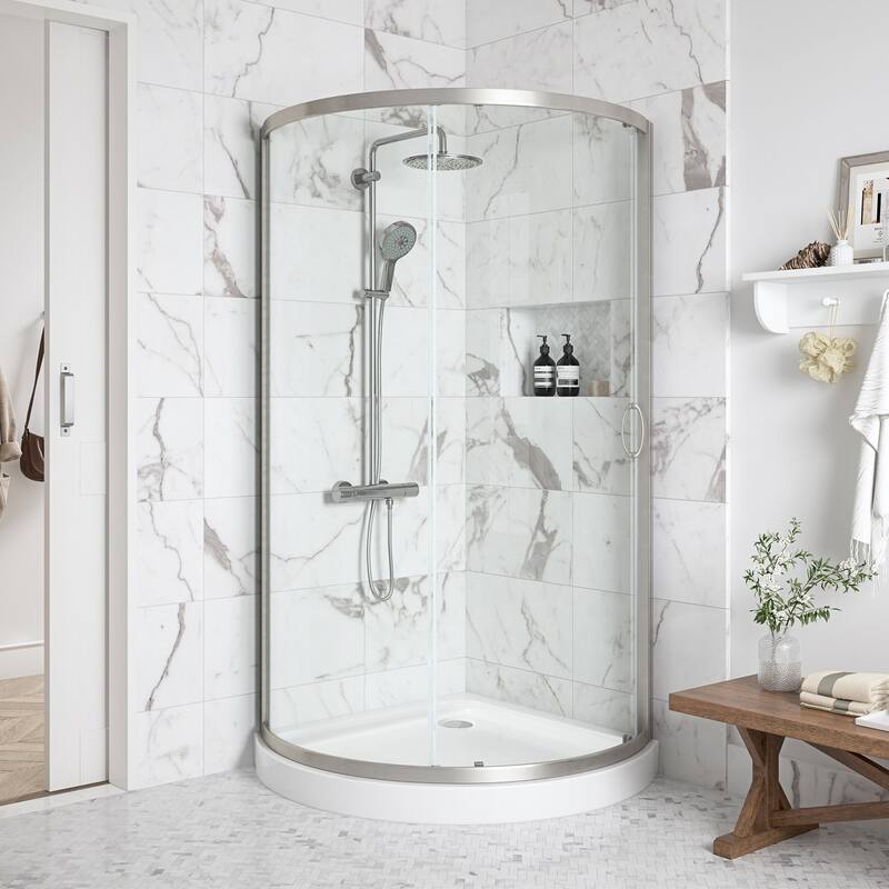 OVE Decors Breeze Corner Shower Sliding Door with Base and Clear - 36-inch - Satin Nickel