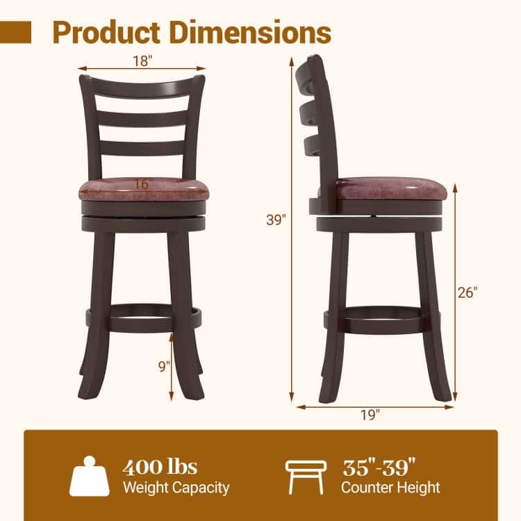 Set of 2 Cappuccino Rubber Wood MDF Swivel Bar Stools with Faux Leather and Footrest