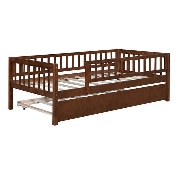 slide 2 of 48, Twin Size Daybed with Trundle, Wood Twin Bed with Fence Guardrails Walnut - Twin