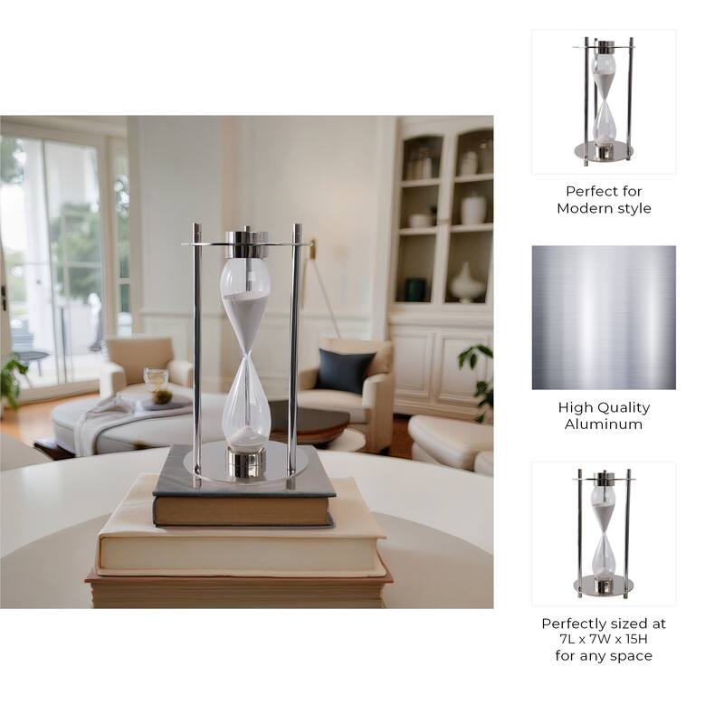 Modern Metal and Glass Hourglass Timer with Frame and Built-In Compass