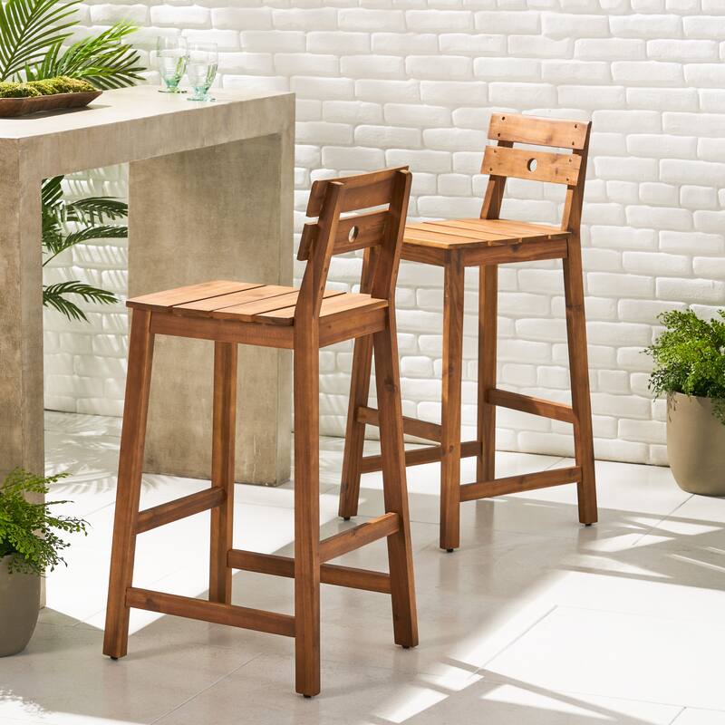 Roomfitters 2-Piece Outdoor Acacia Wood Bar Stools, Rustic Patio Counter Height Dining Chairs with Slat Back Design, Brown