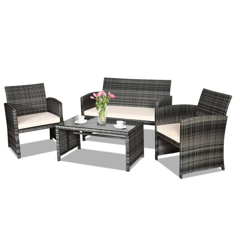 4 Pieces Patio Rattan Furniture Set with Glass Table and Loveseat - 43.5" x 25"x 31" (L x W x H) - White