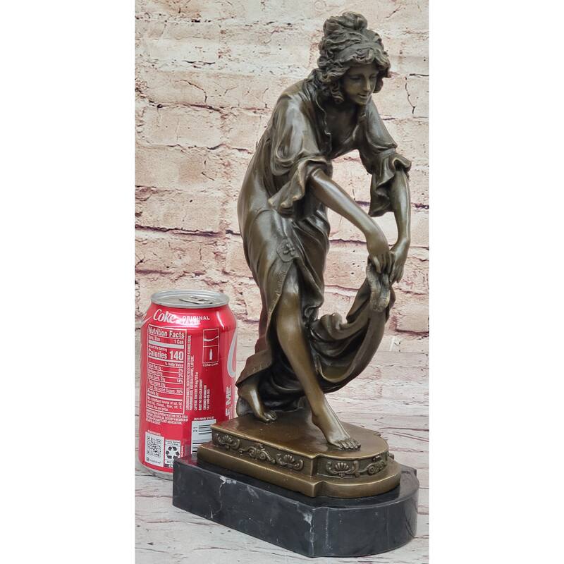 Female Figure Young Woman Holding Shawl - Bronze Metal Sculpture On Marble Base