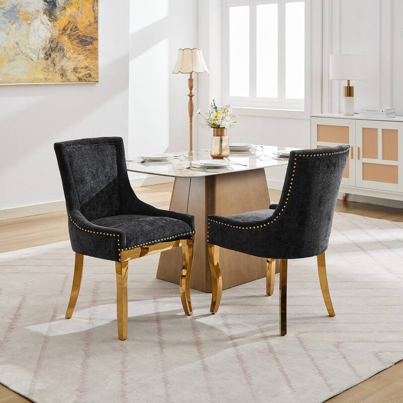 Roomfitters Chenille Dining Chairs Set of 2, Modern Upholstered Accent Chairs with Gold-Plated Legs and Rivet Trim