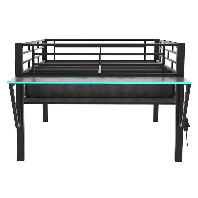 Full Size Gaming Mid Loft Bed with Desk and Storage Built, LED Light