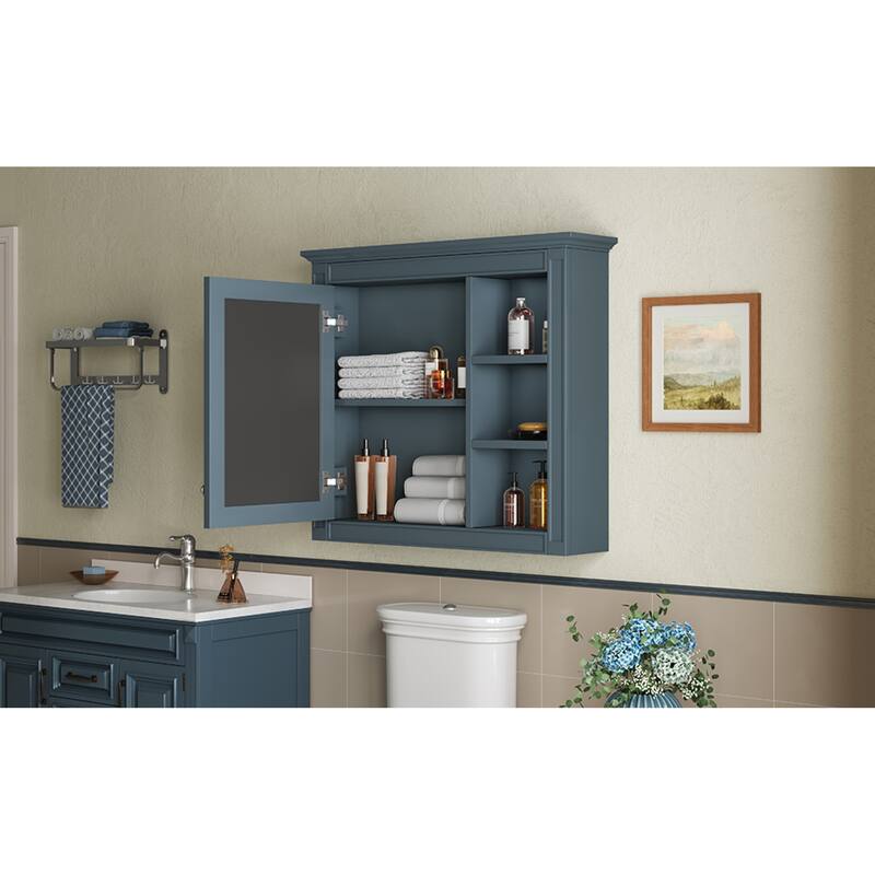 Roomfitters 30x28 Inch Medicine Cabinet, Wall Mounted Mirror Cabinet with 3 Open Shelves & Adjustable Interior Storage, Blue