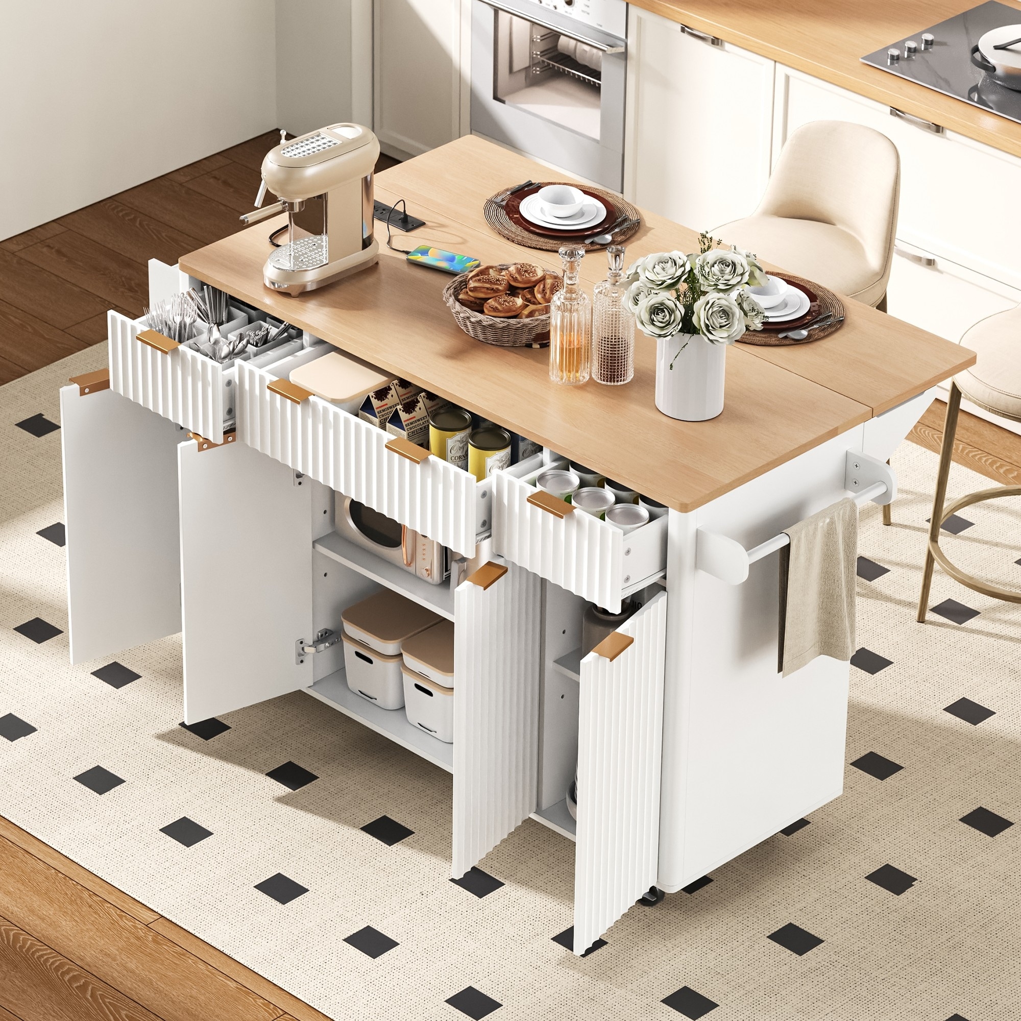 Fluted Kitchen Island 55.5" Rolling Island Table with Drop Leaf, Power Outlet and Drawers, Dining Carts Movable Kitchen Cabinet