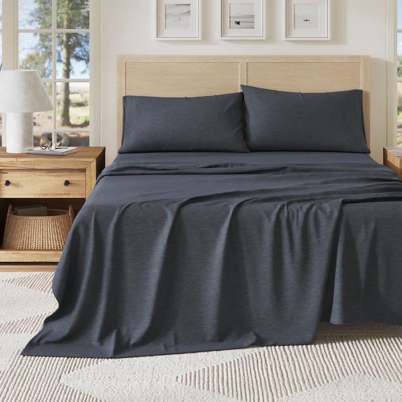 Linery & Co. Heathered Melange Cotton Jersey Knit Sheet Set - King - Navy