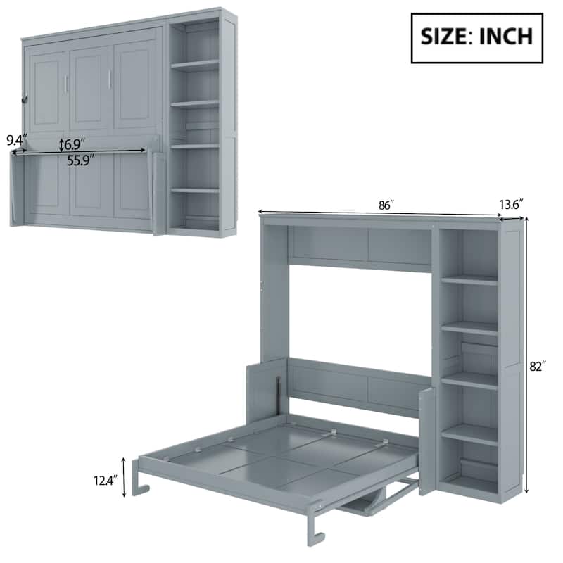 Murphy Bed with Bookshelf, Foldable Platform Bed with Desk, Storage Bed