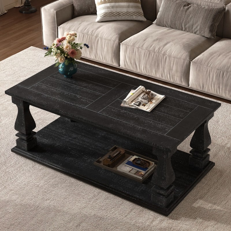 Farmhouse 47.24" Coffee Table with Heavy Planked Top and Storage for Rustic Living Room Style