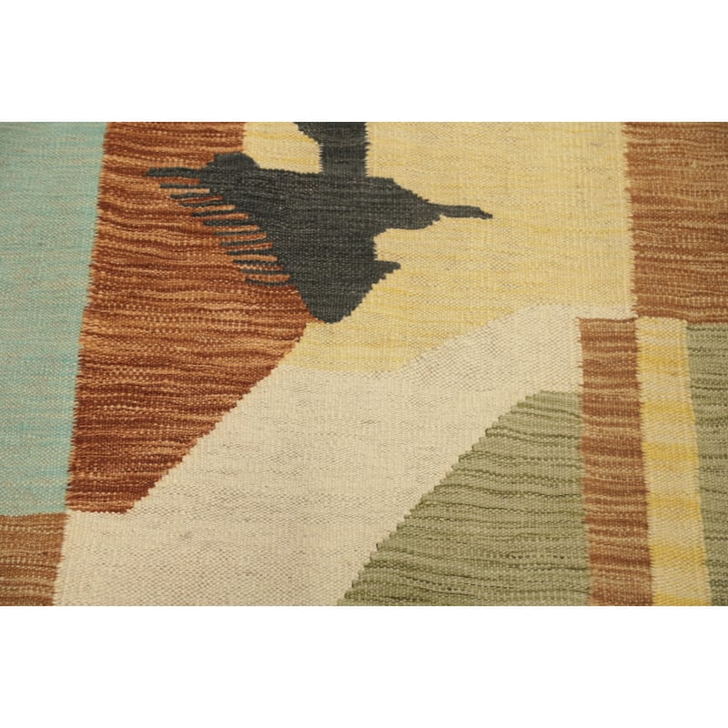 Hand Woven Oriental 100% Wool Carpet Southwestern Modern Multi-Colored Kilim Runner Rug - 11' 9'' X 2' 7''