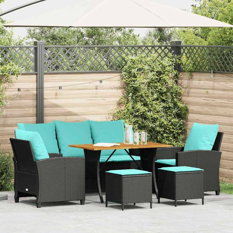 vidaXL 6 Piece Patio Sofa Set with Cushions Black/Brown/Gray Poly Rattan - Black and blue Wood
