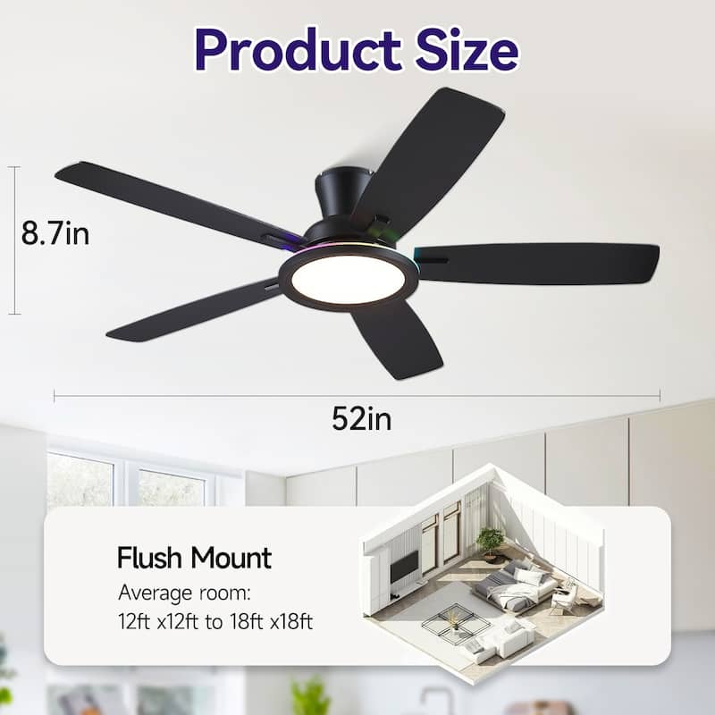 52/54 Inch Flush Mount Low Profile Ceiling Fan with Light,Remote and App Control