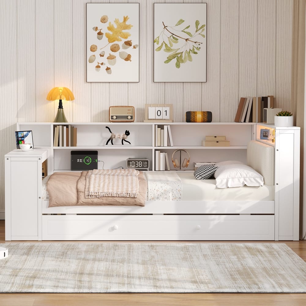 GDFStudio - Modern Wooden Platform Bed with Trundle, Storage Shelves, Desk, LED and Upholstered Headboard