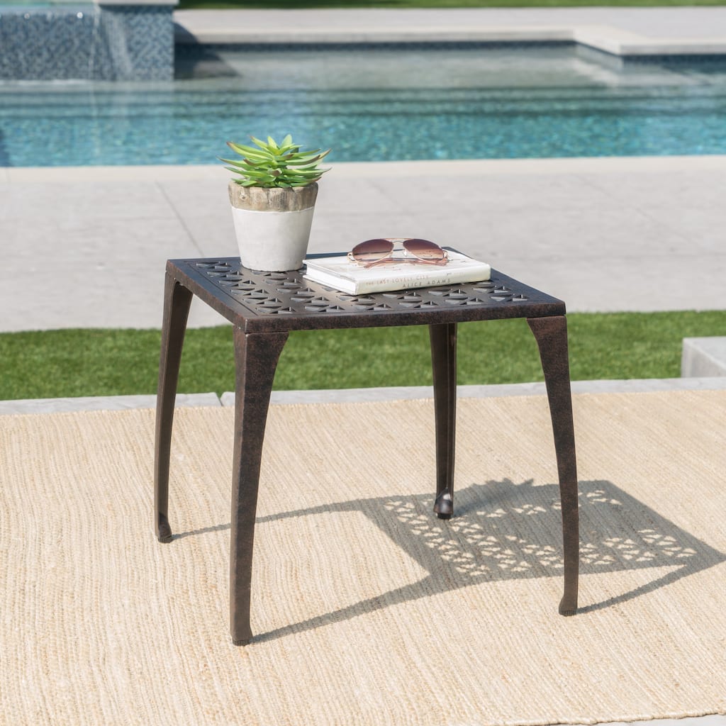 Roomfitters Outdoor 19" Cast Aluminum Side Table with Lattice Design, Patio Accent Table, Bronze