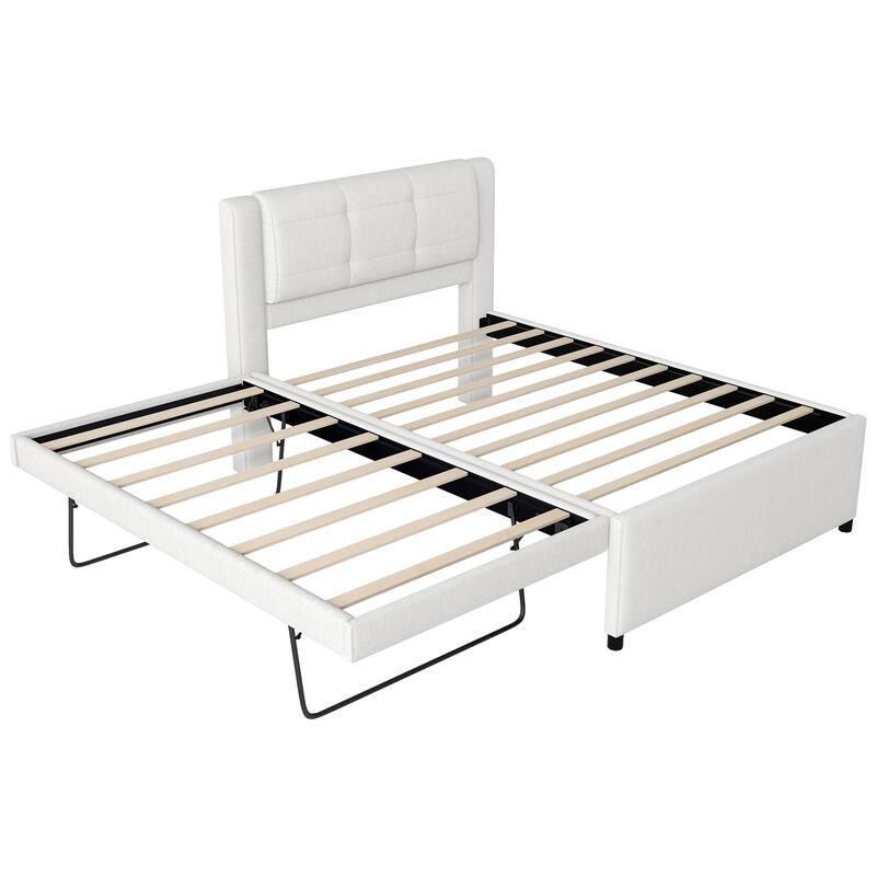 Full Size Upholstered Platform Bed with Multifunctional Trundle, Trundle Can Be Flat or Elevated, No Box Spring Required