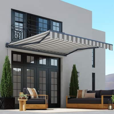 ALEKO Moroccan Semi-Cassette Motorized Patio Awning - Seagull Gray & White Striped - 13 x 10 Feet