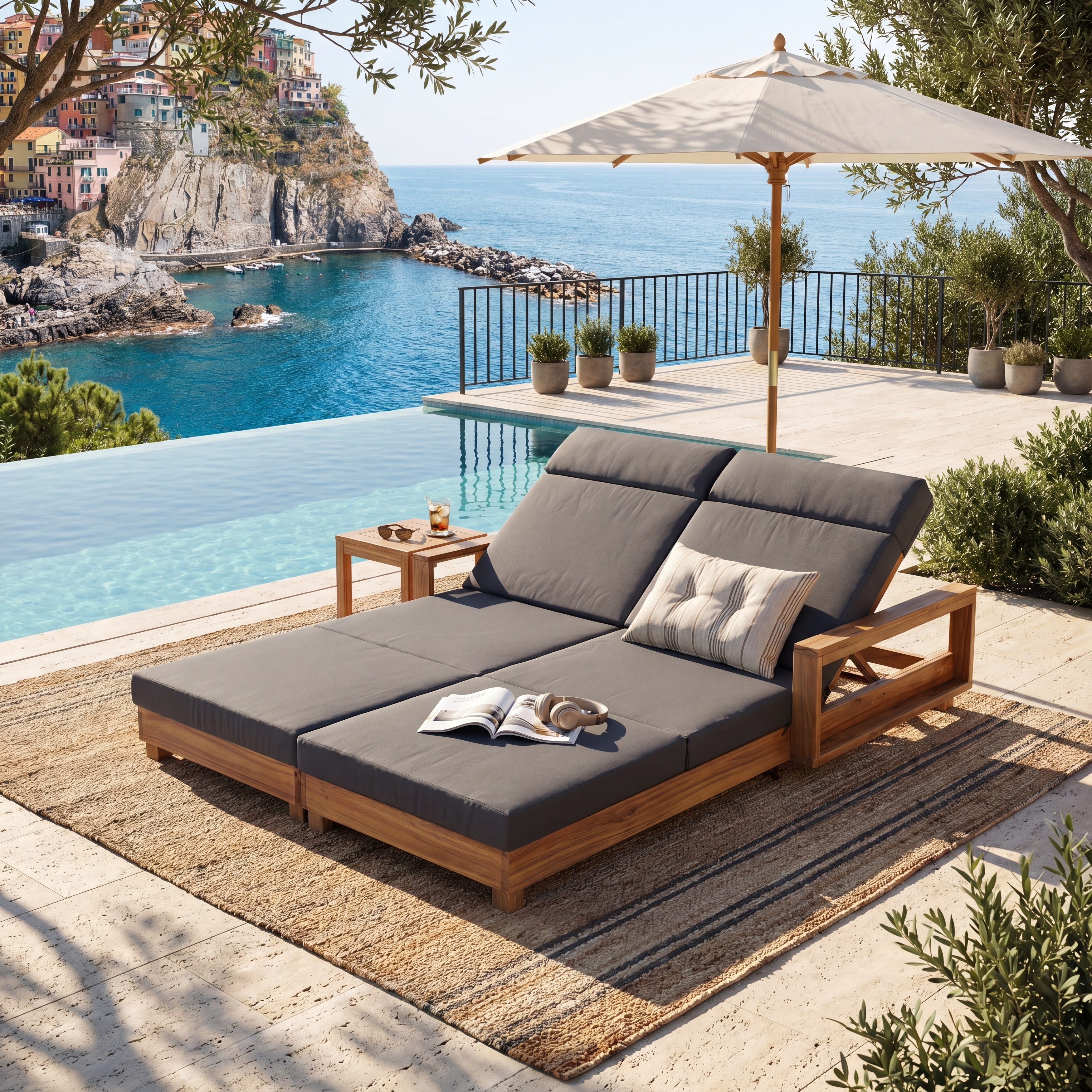 Christopher Knight Home - Outdoor Double Acacia Wood Chaise Lounge with Dual Adjustable Backrests and Cushioned Headrests