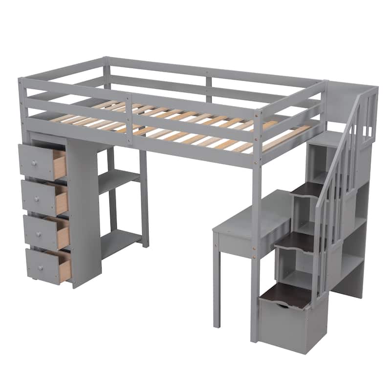 Loft Bed with Storage Drawers ,Desk and Stairs, Wooden Loft Bed with Shelves