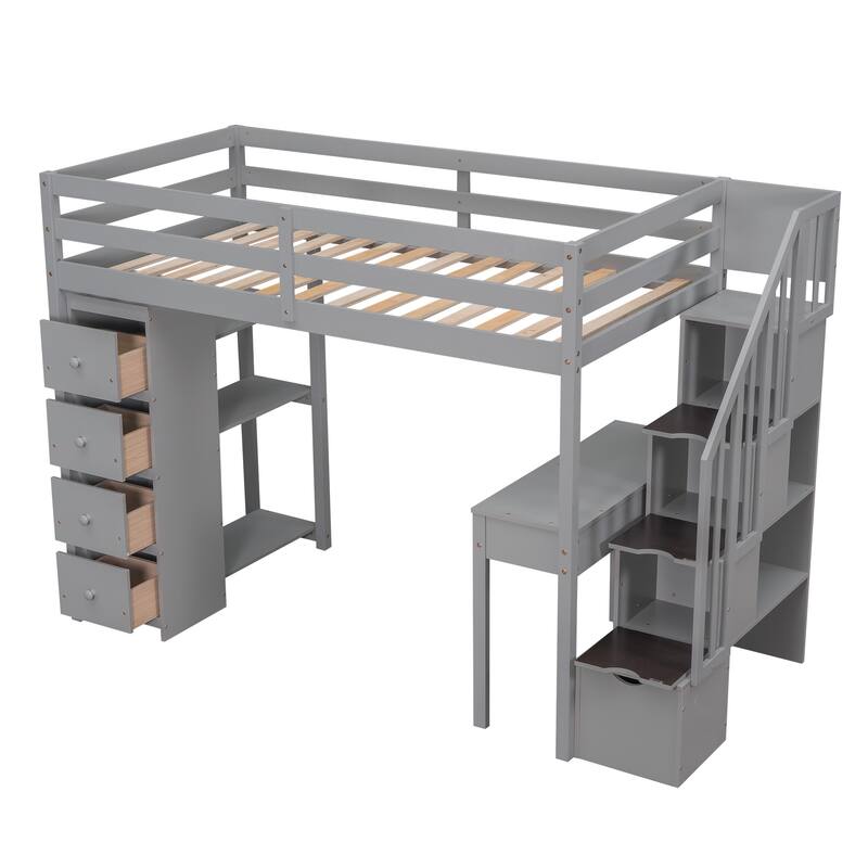 Twin Size Wooden Loft Bed with Storage Drawers, Desk, and Stairs - Space-Saving Design