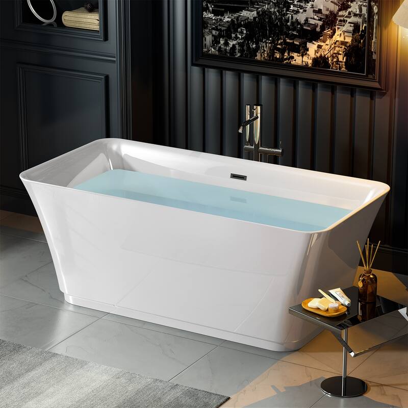 Empava 59 in. x 29.5 in. Freestanding Flat Bottom Bath Tub Soaking Bathtub with Center Drain in White
