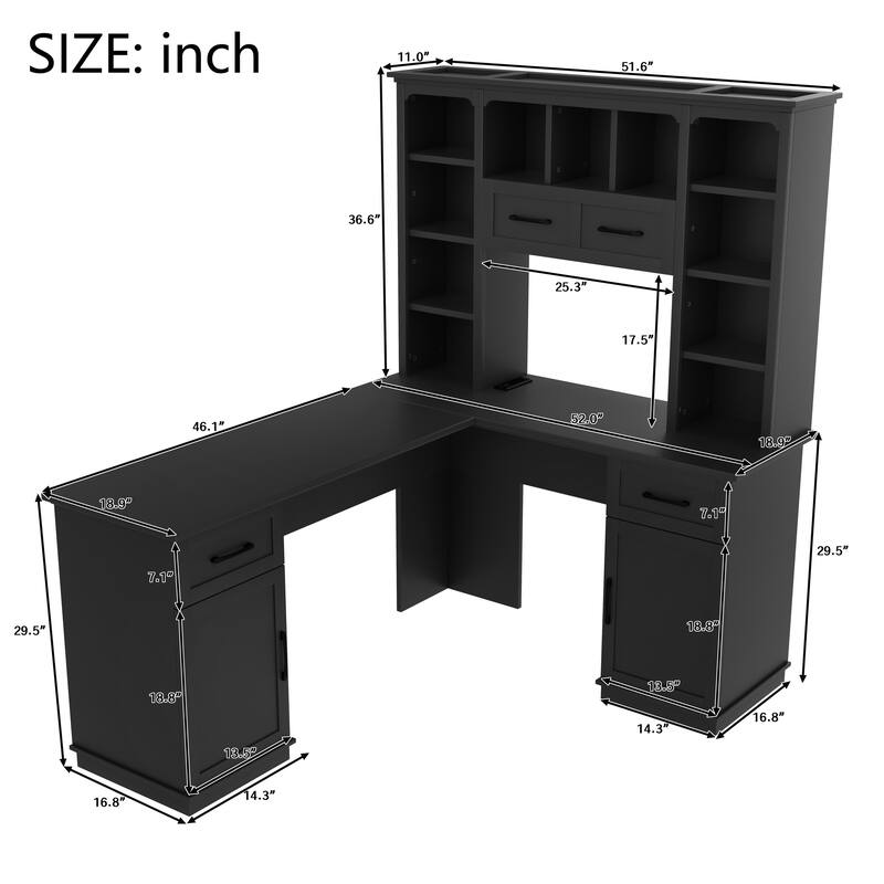 Roomfitters L-Shaped Computer Desk with Hutch, 2 Cabinets, 2 Drawers and 11 Open Shelves, with Power Outlet