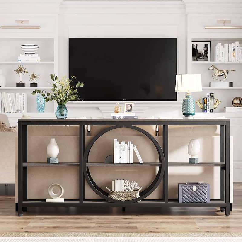 Extra Long Console Table, 70.9 inch Narrow Sofa Tables with 3 Tier Wood Storage Shelves, Rustic Brown Black - 11.75" * 70.9"