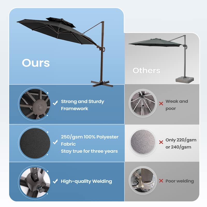 11 ft Outdoor Aluminum Dual Top Solar Powered LED Lighted Patio Cantilever Umbrella and Weighted Base
