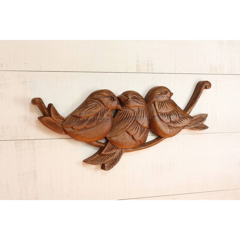 15" Wood Three Birds Wall Panel - Hand Carved Decorative Wall Art, Rustic Nature Home Decor