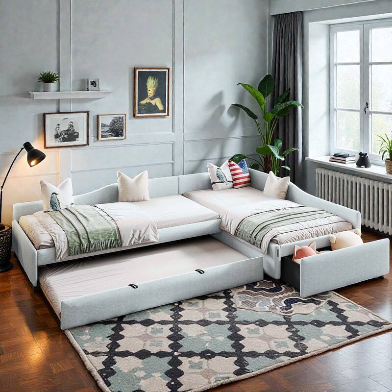 Upholstered Twin Daybed with Trundle and Drawer, Double Twin Linen Sofa Bed No Box Spring - Beige - Twin