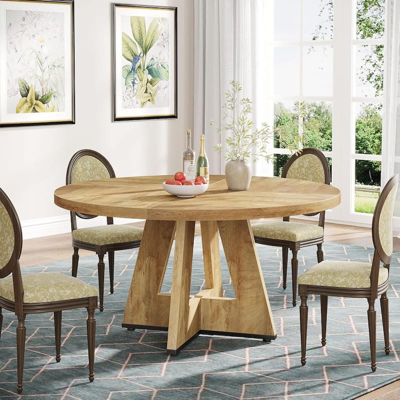 47" Round Wood Dining Table 4-Seater Farmhouse with Wooden Tabletop Cross Base for Dining Room/Kitchen - Lightwood