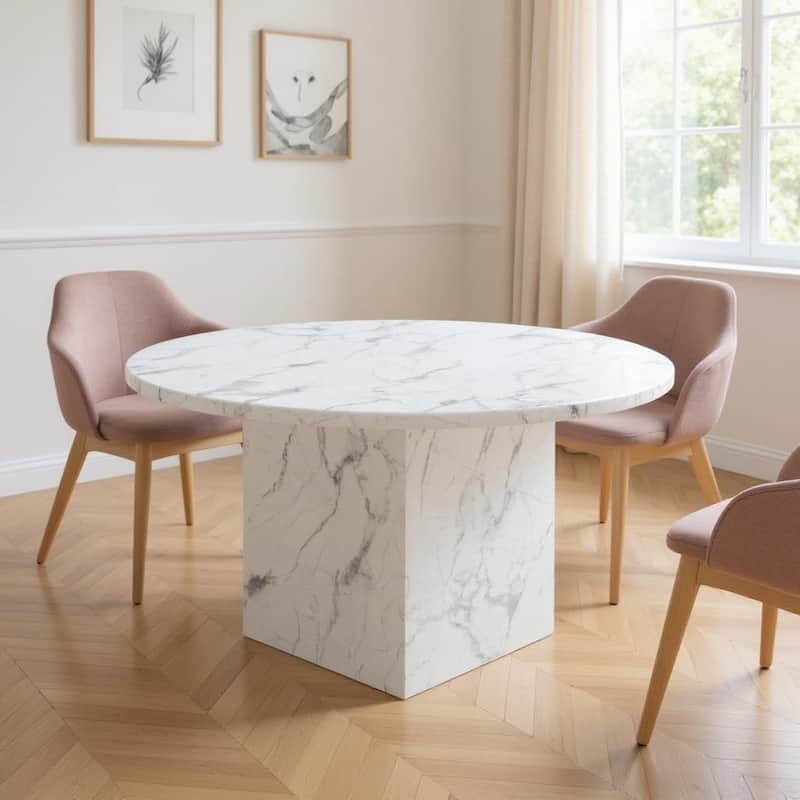 HomeRoots 60" Gray and White Marble Pedestal Base Round Top Dining Table - 60.00 in. x 30.00 in. x 60.00 in. - White/Gray - 60.00 in. x 30.00 in. x 60.00 in.