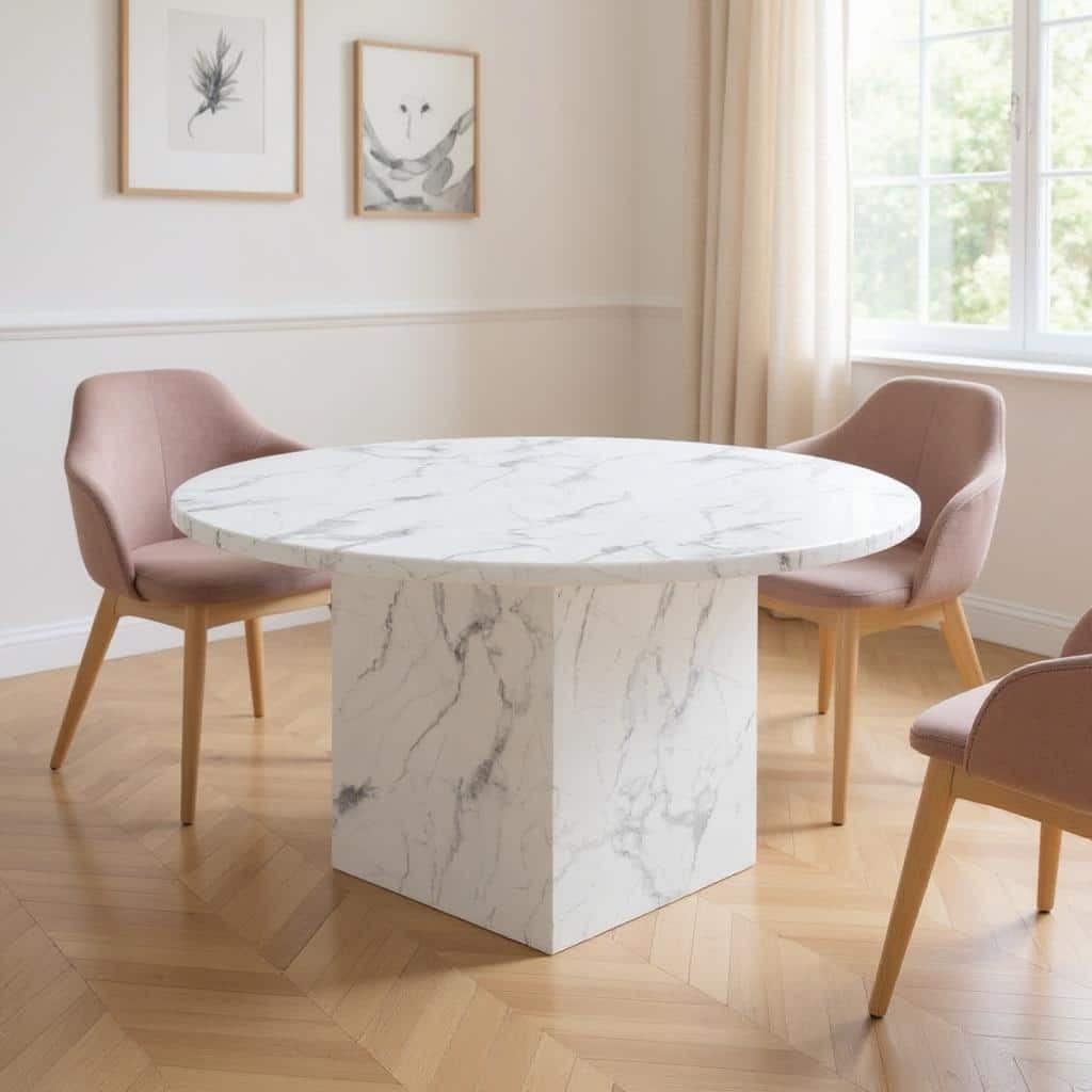 HomeRoots 60" Gray and White Marble Pedestal Base Round Top Dining Table - 60.00 in. x 30.00 in. x 60.00 in.