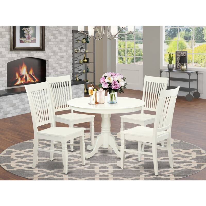 HomeStock 5-Piece Round Linen White Finish Solid Wood Top Dining table with 4 Chairs with Lattice Back