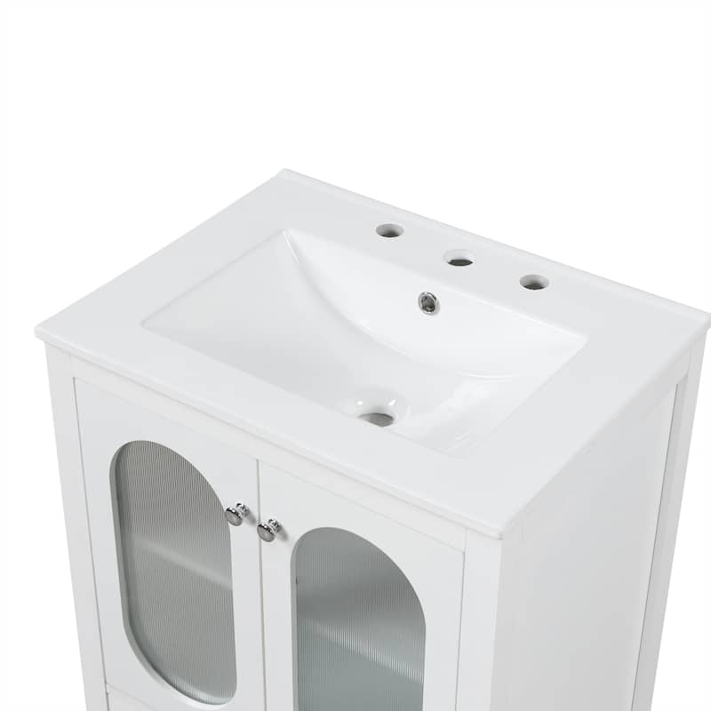 24" Vanity Cabinet for Bathroom with Sink, 2 Oval Hazy Glass Doors, Drawer, Adjustable Shelf and Silver Metal Knobs