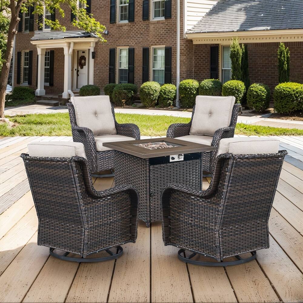 Gymojoy 5-Piece Outdoor Wicker Patio Furniture with Fire Pit Table, Rattan Coversation Set with Water Resistant Thick Cushions
