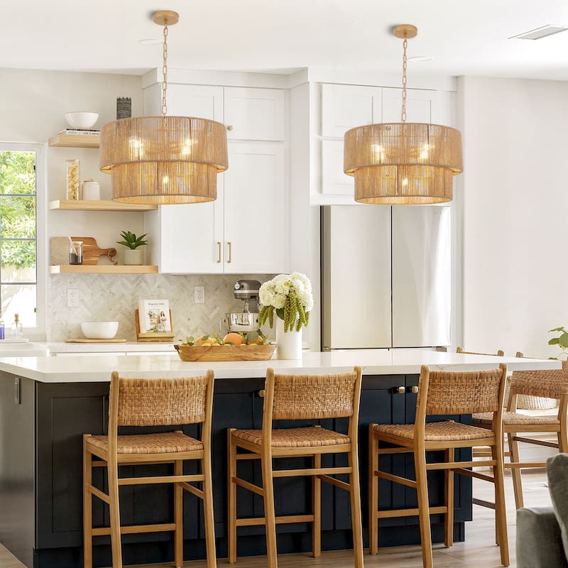 Starsky 5-Light 21in. Rattan Boho Tiered Drum Hand Woven Chandelier with Natural Rope Paper Shade