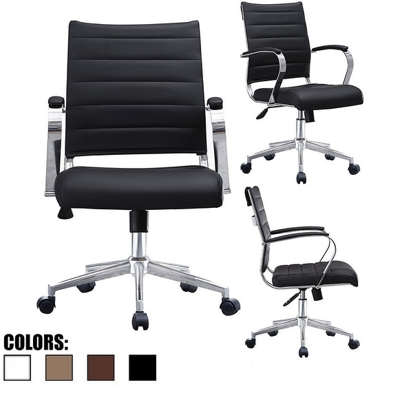 2xhome Black Office Chairs Mid Back Ribbed PU Leather Executive Task Work Conference With Arms Wheels Tilt Swivel Rolling