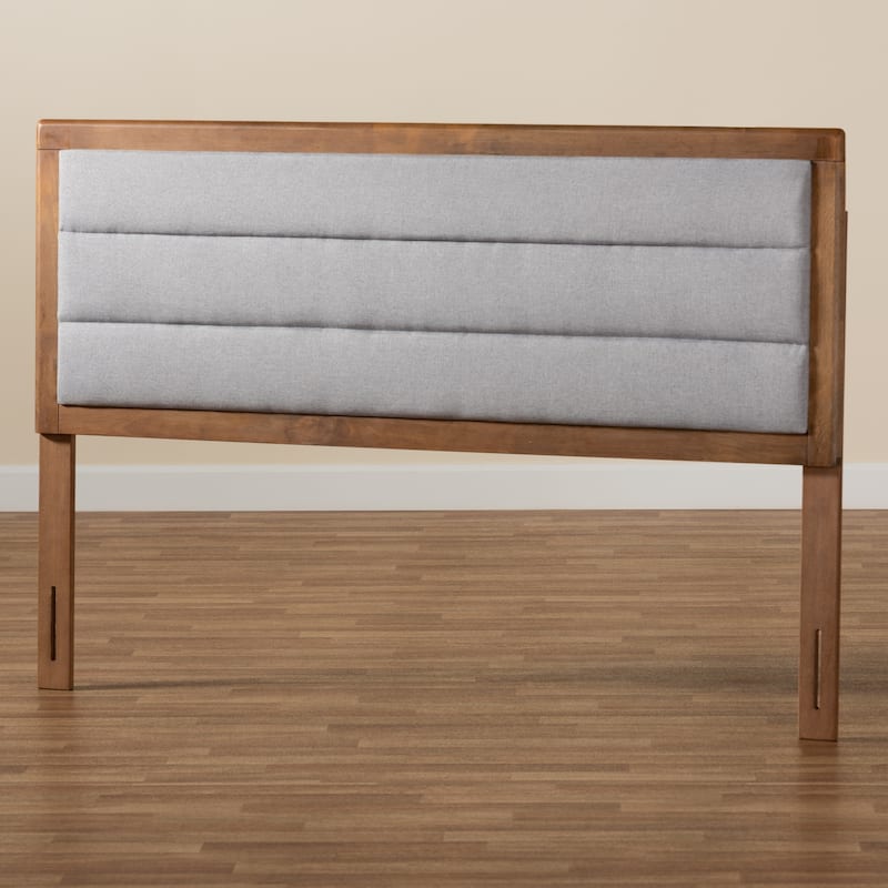 Modern Light Grey Fabric Upholstered King Size Headboard with Walnut Wood Frame, Sleek Contemporary Design