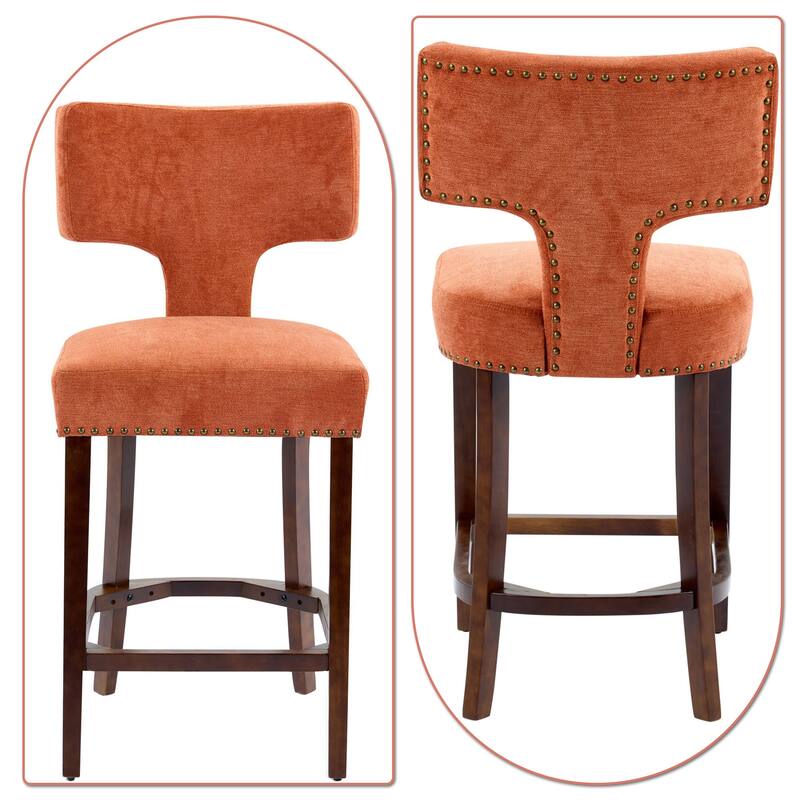 Vintage Set of Two Upholstered Bar Stools with Solid Wood Legs and Footrest