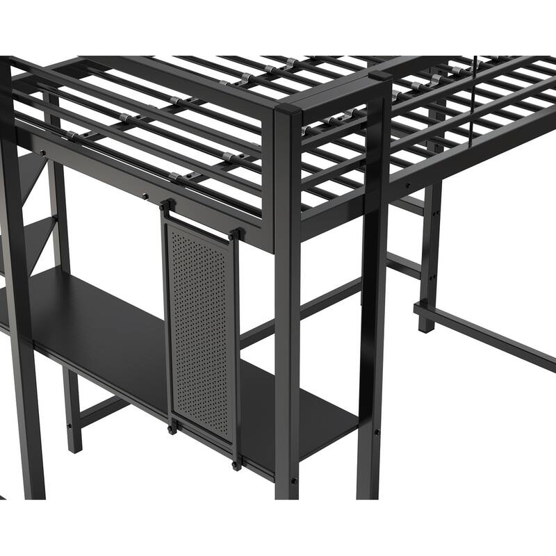 Full Size Metal Loft Bed with Desk and Storage, Ideal for Teens and Kids, Black Bedroom Frame