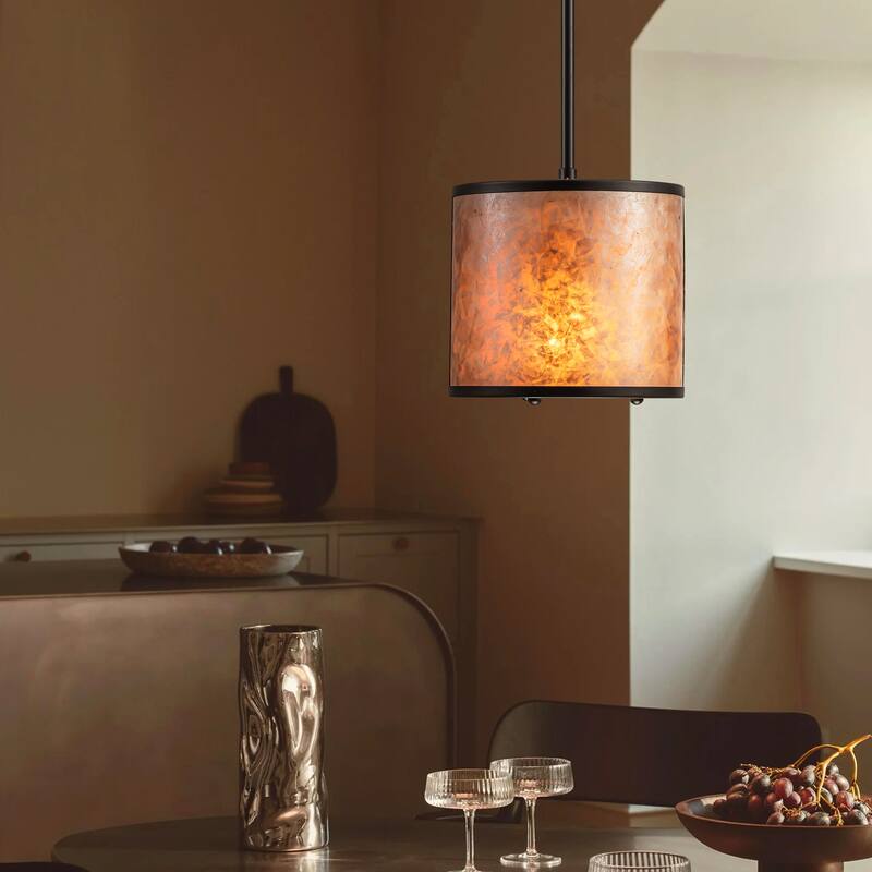 20" W and 8" W Rustic Matte Black Finish Tawny Mica Drum Pendant Light for Living Room & Bedroom