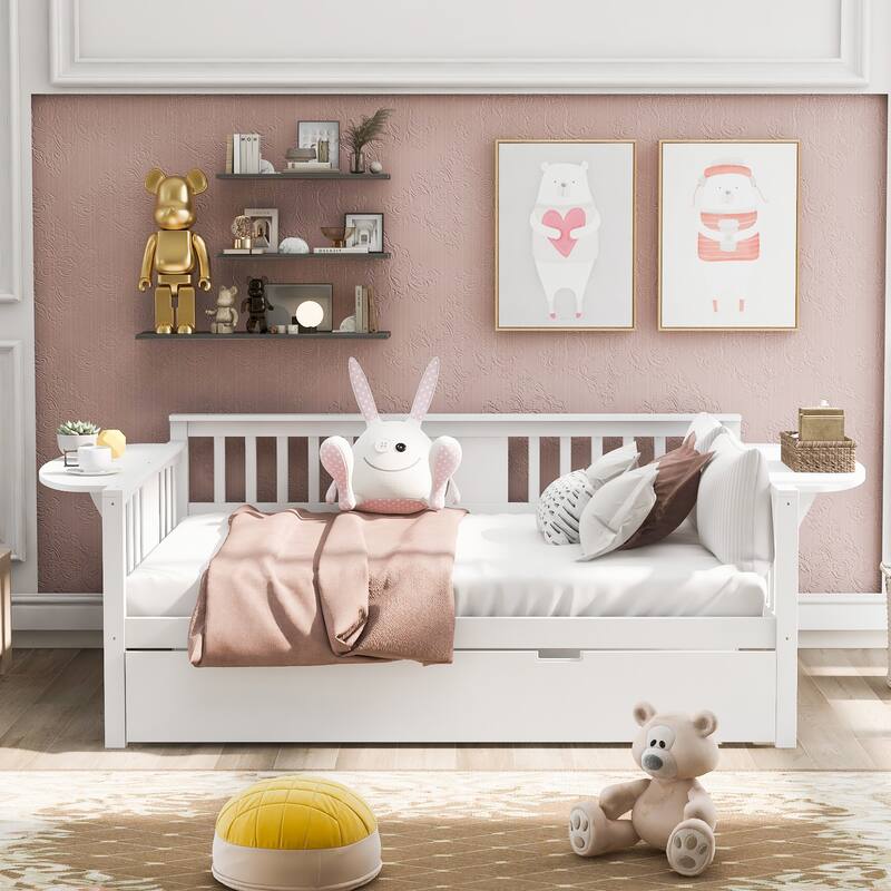 Twin/Full Size Daybed with Trundle Bed, Wooden Sofa Bed for Kids' Rooms and Guest Rooms, Sturdy Pine Wood Frame