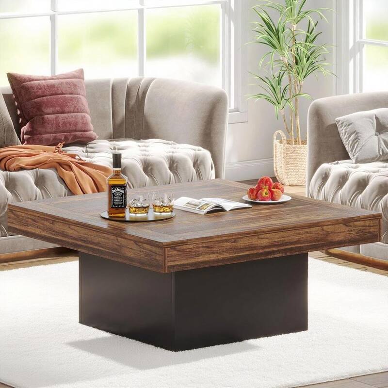 35.4” Square Rustic Wooden Coffee Table with LED Light for Living Room or Bedroom Furniture - 35.4”L x 35.4”W x 17.7”H
