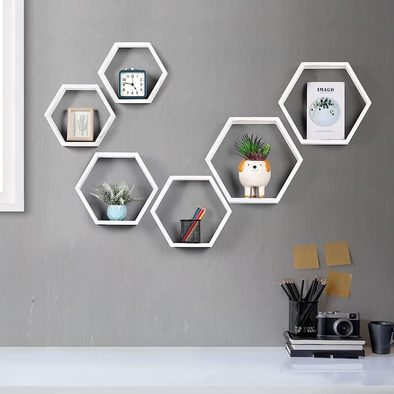 Set of 6 Wooden Hexagon Rustic Floating Shelves in Deep Natural Wood - Grey