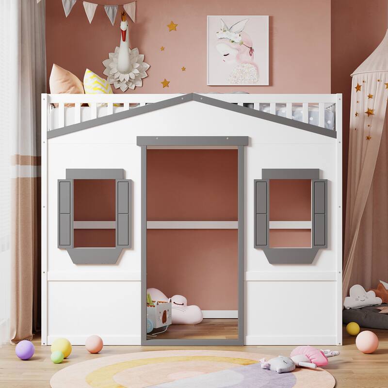 Modern Twin/Full Loft Bed with Ladder, Solid Pine Wood, Safety Guardrails